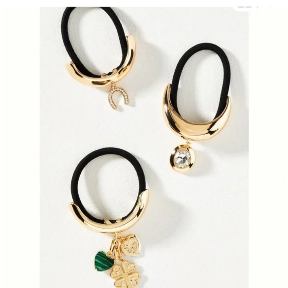 NWT Anthropologie Ponytail Charms Hair Ties. Set of 3. Shamrock, Horseshoe